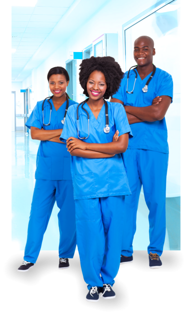 three nurses in blue scrubs with stethoscope smiling